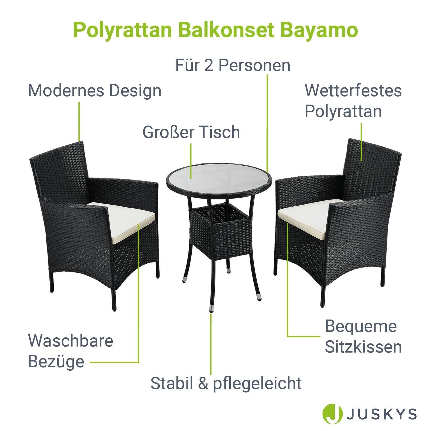 Schwarzes Polyrattan Balkonmöbel Set Bayamo mit Tisch und 2 Stühlen, beige Kissen.