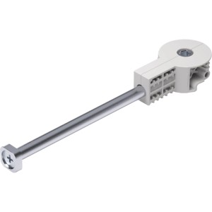 Weißgrauer vasalat Arbeitsplattenverbinder M8x150 mm aus Kunststoff und Stahl für unsichtbare Plattenverbindungen.