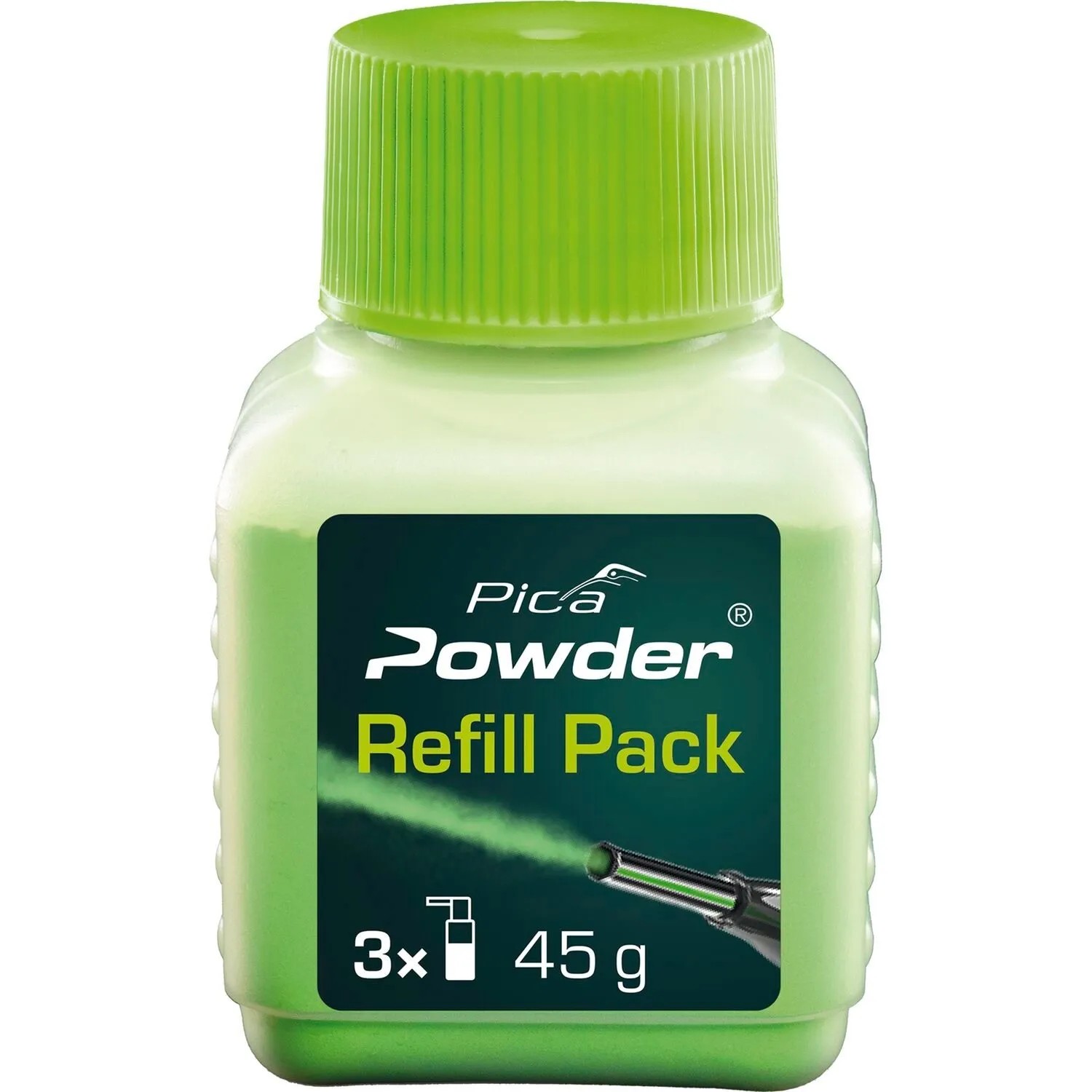 Pica Powder Nachfüllpack 45g in grüner Flasche mit Label. Grünes Markierpulver für Bohrloch-Spraymarker, Handwerkzeuge.