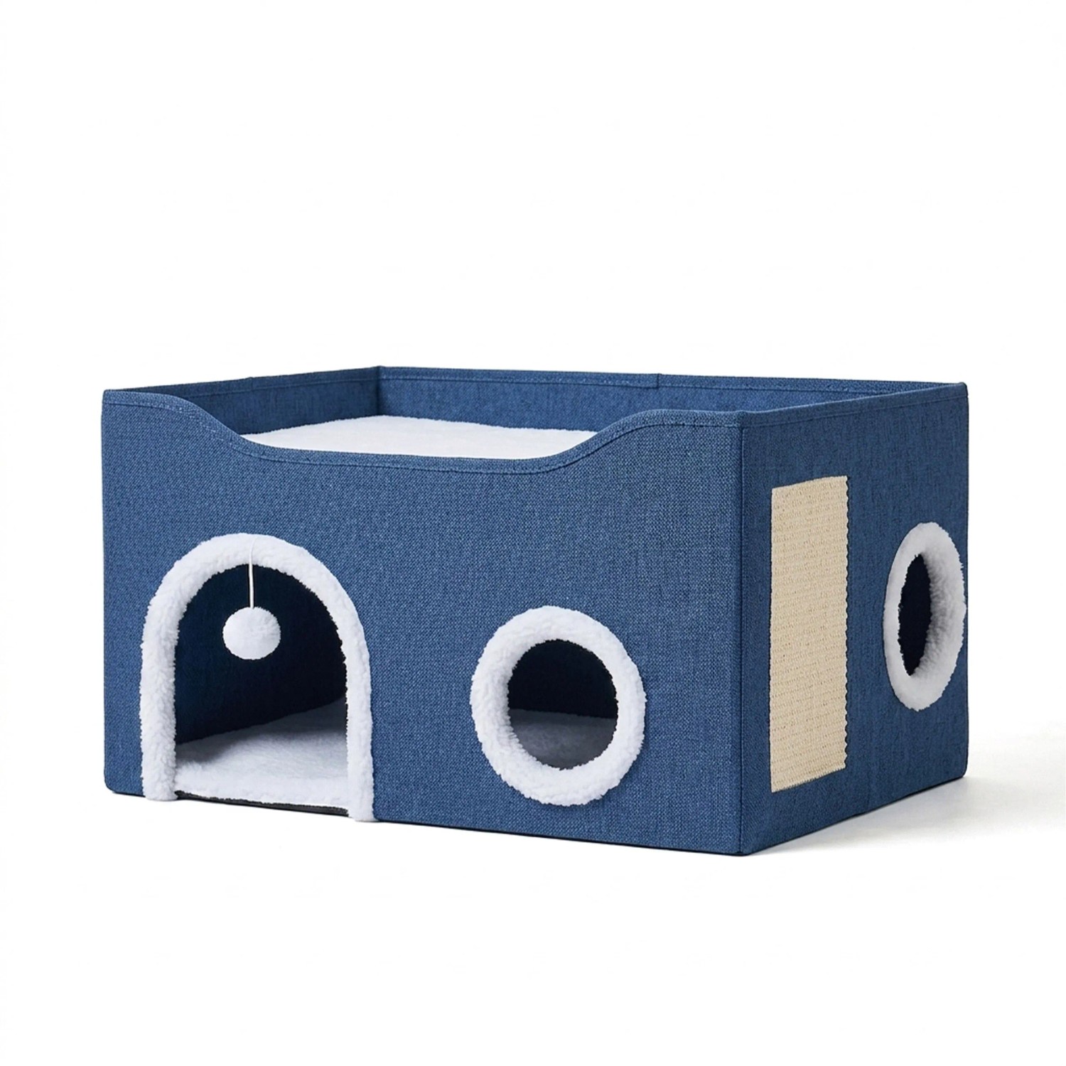 Relaxdays Katzenhöhle Karton Polyester Sisal Blau Faltbar mit Kratzbrett 34 cm x 60 cm x 40 cm