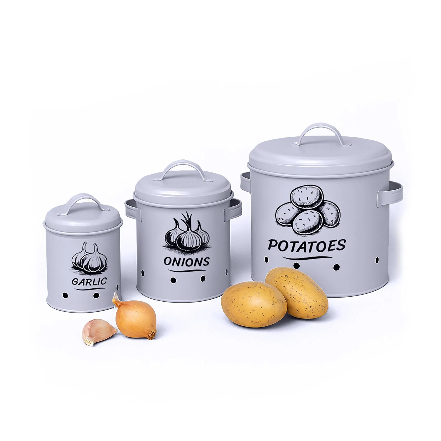 Relaxdays Kartoffel Aufbewahrungsbox 3er Set Stahl Grau Belüftet 21 cm x 26 cm x 23,5 cm