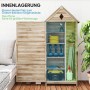 Outsunny Gartenschrank aus Tannenholz mit Werkzeug und Gartenzubehör auf Regalen.