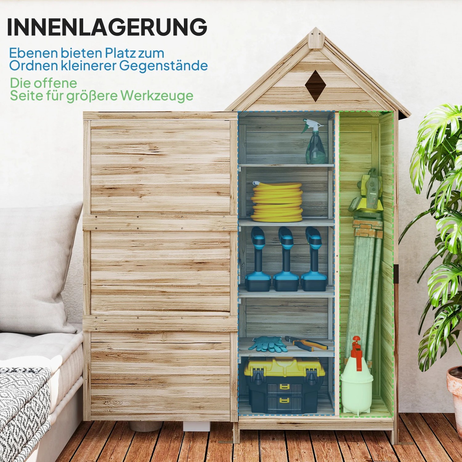 Outsunny Gartenschrank aus Tannenholz mit Werkzeug und Gartenzubehör auf Regalen.