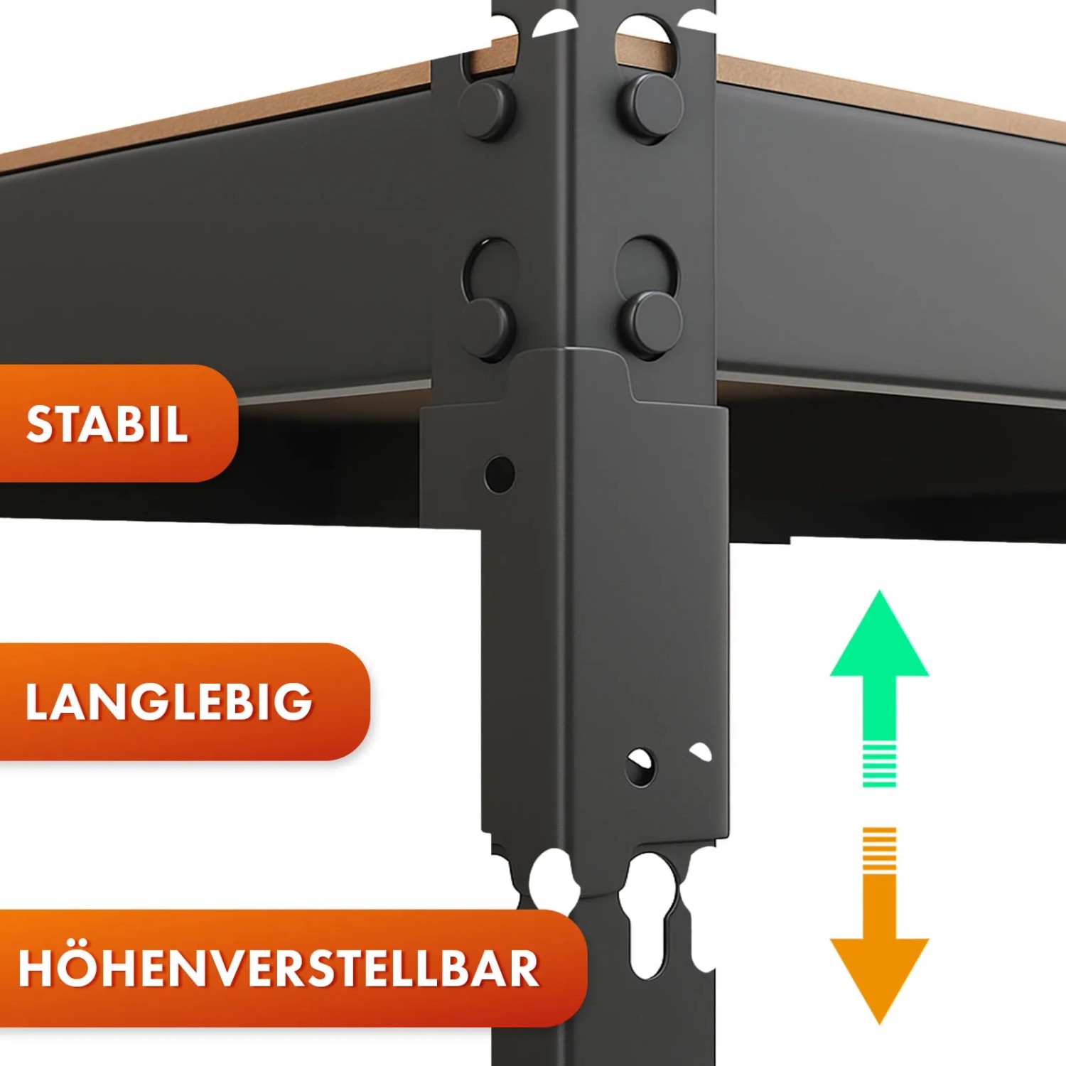 Detailaufnahme: Schwarzes KARAT Schwerlastregal Rhino, höhenverstellbar, stabil und langlebig.