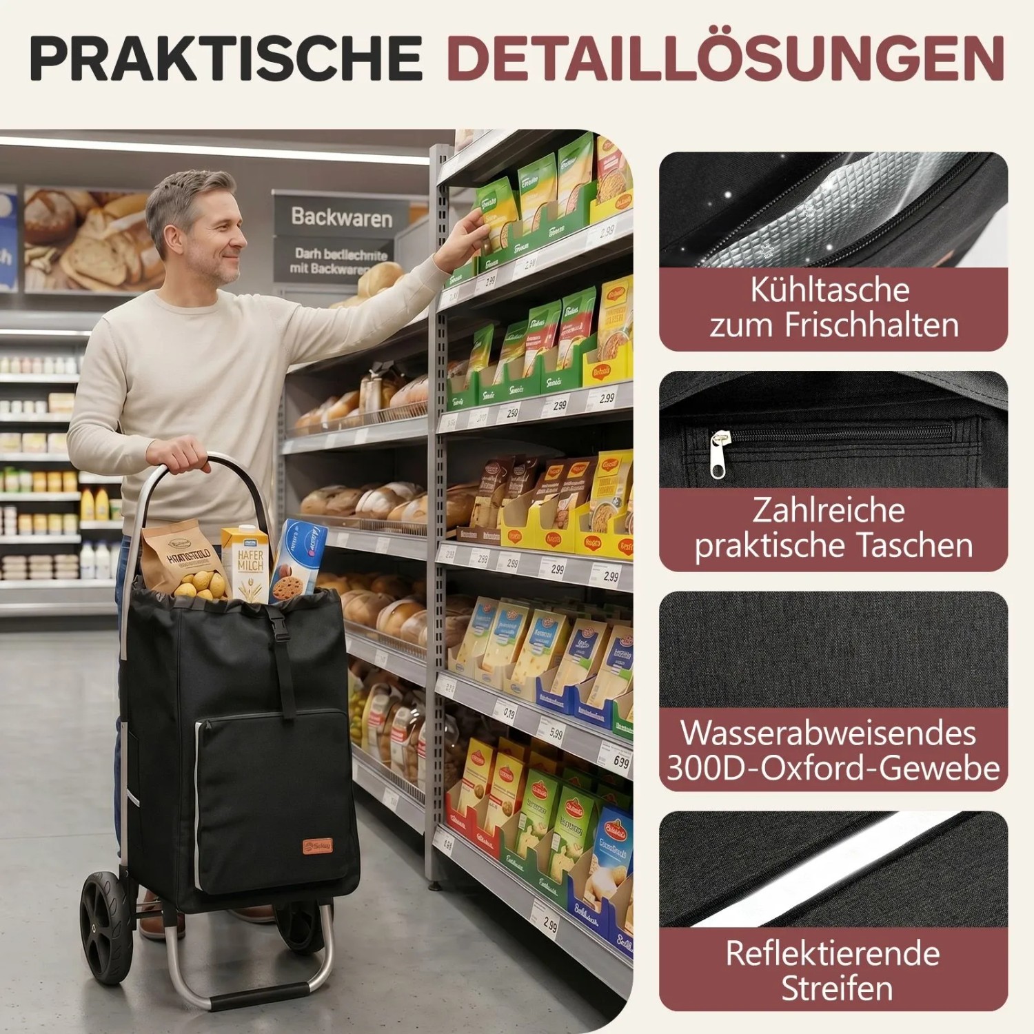 Schwarzer Sekey Einkaufstrolley mit Kühlfach, Alurahmen, 50L Volumen und Rucksackfunktion im Supermarkt.