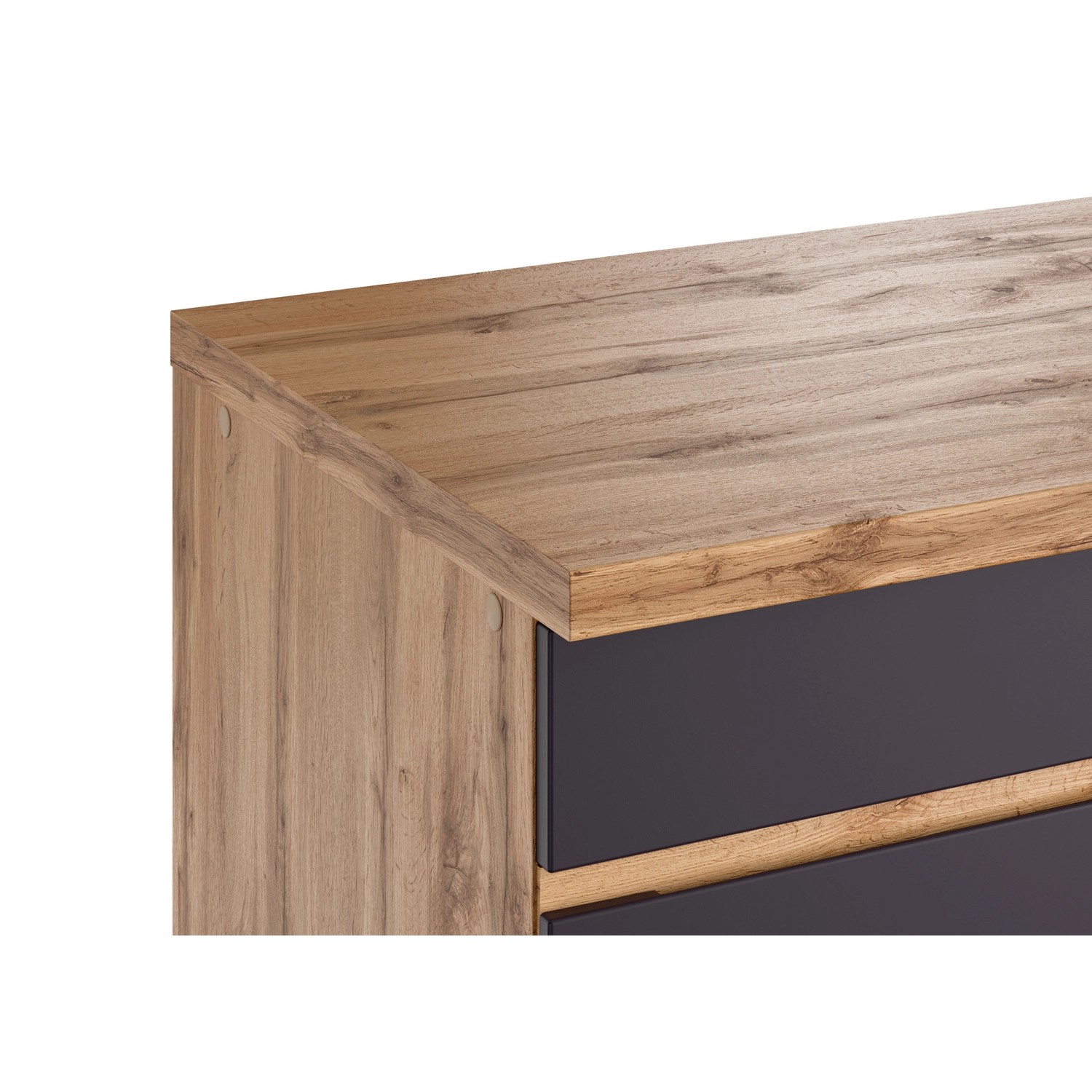 Detailansicht: Held Möbel Winkelküche Turin in Graphit und Wotaneiche. Küchenschrank mit Arbeitsplatte.