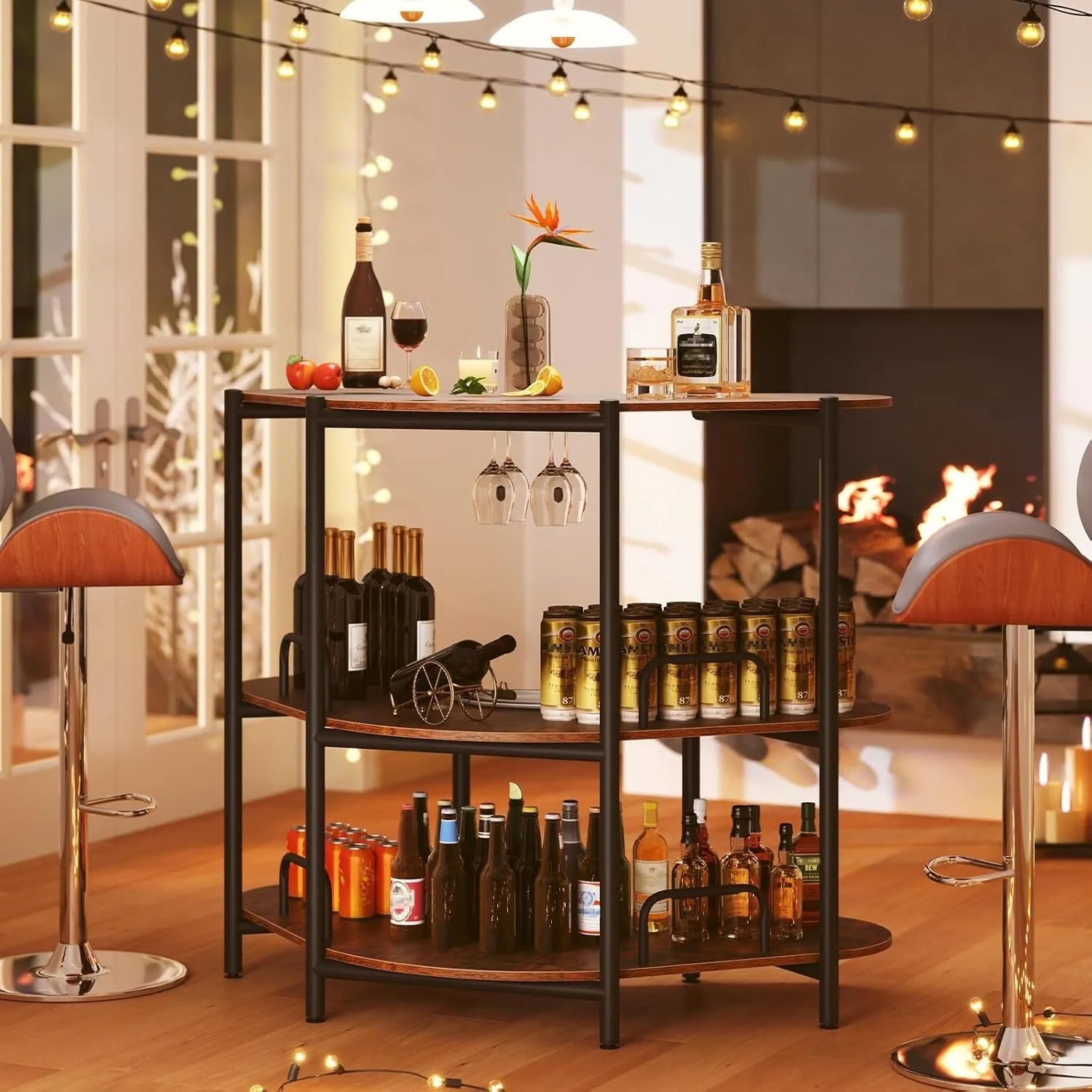 Costway 3 Ebenen Hausbar mit Glashalter Braun 120 x 66 x 102 cm_6