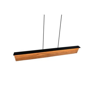 Lineare LED-Pendelleuchte Kalea in Schwarz matt und Holzoptik, mit warmem Licht. Modernes Design.