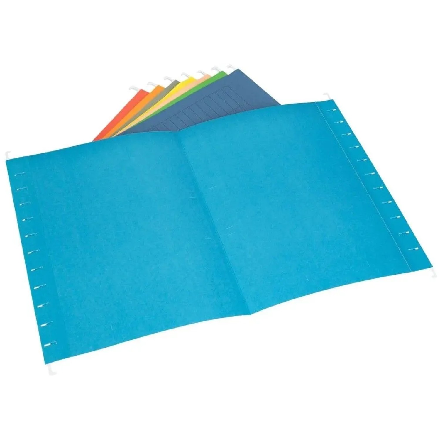 8 farbige Hängeregister DIN A4 für Ordnungssysteme, vorne türkis, dahinter rot, orange, gelb, grün, blau, schwarz, rosa.