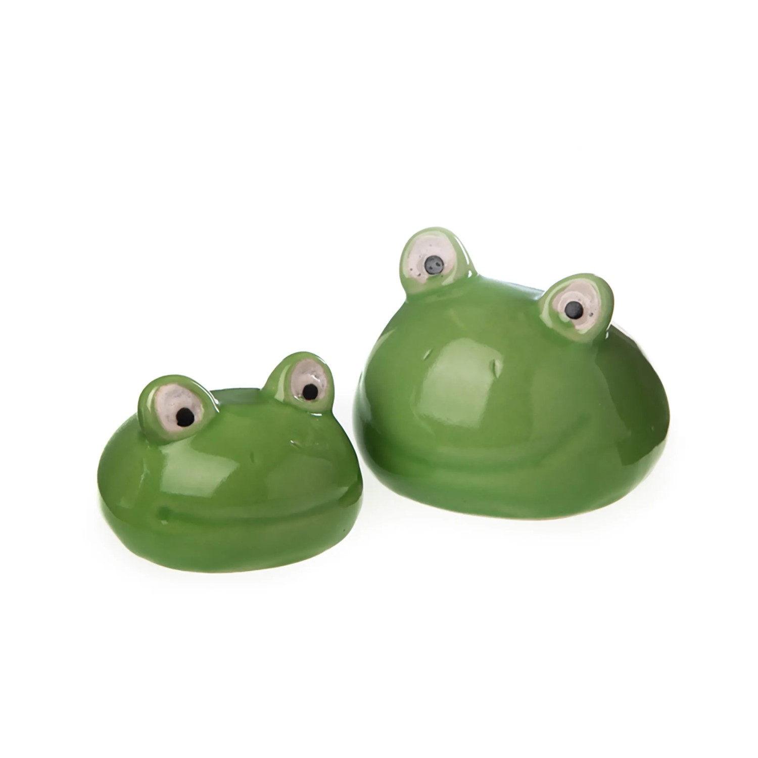 Zwei grüne, schwimmende Deko-Frösche aus Porzellan für den Gartenteich.