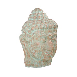 Dekorative Buddha Figur, Kopf aus Kunststoff in Kupfer-Grün, 110 cm hoch.