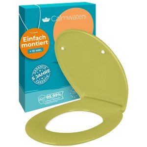 Calmwaters WC-Sitz Premium in Oliv-Moosgrün mit Absenkautomatik und Verpackung.