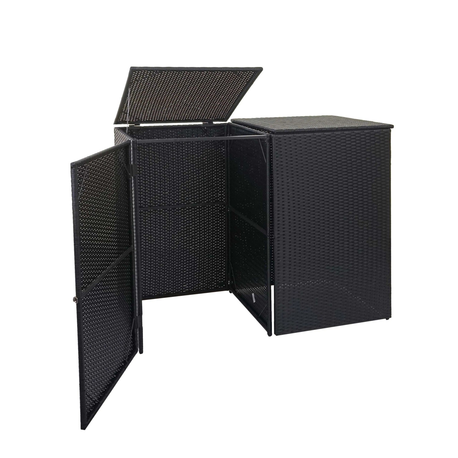 PROREGAL 2er-Mülltonnenverkleidung HxBxT 176x130x131cm Poly-Rattan 2x120l Schwarz Mülltonnenbox Mülltonnenabdeckung
