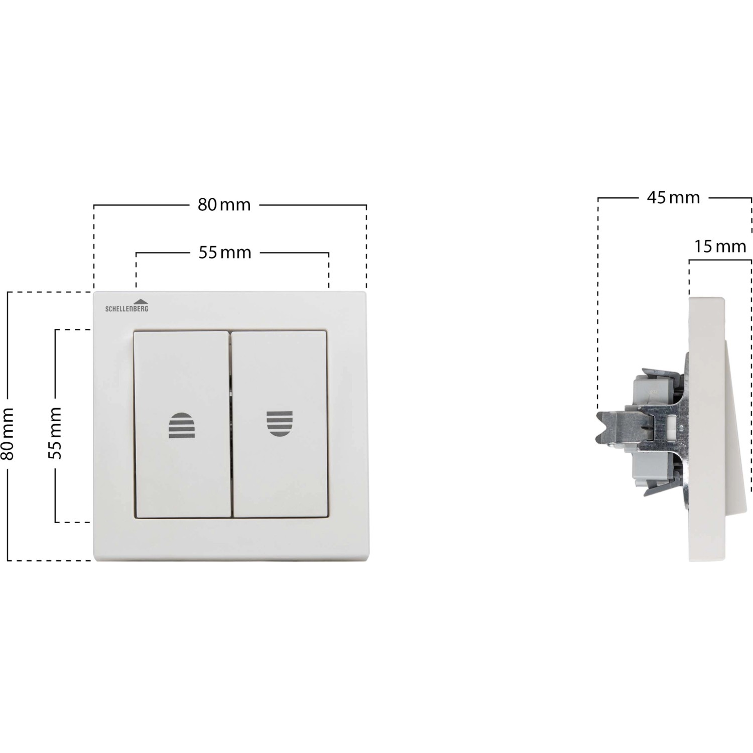 Schellenberg Rollladenschalter Unterputz, weiß, mit Maßen und Seitenansicht für Rollladenantriebe.