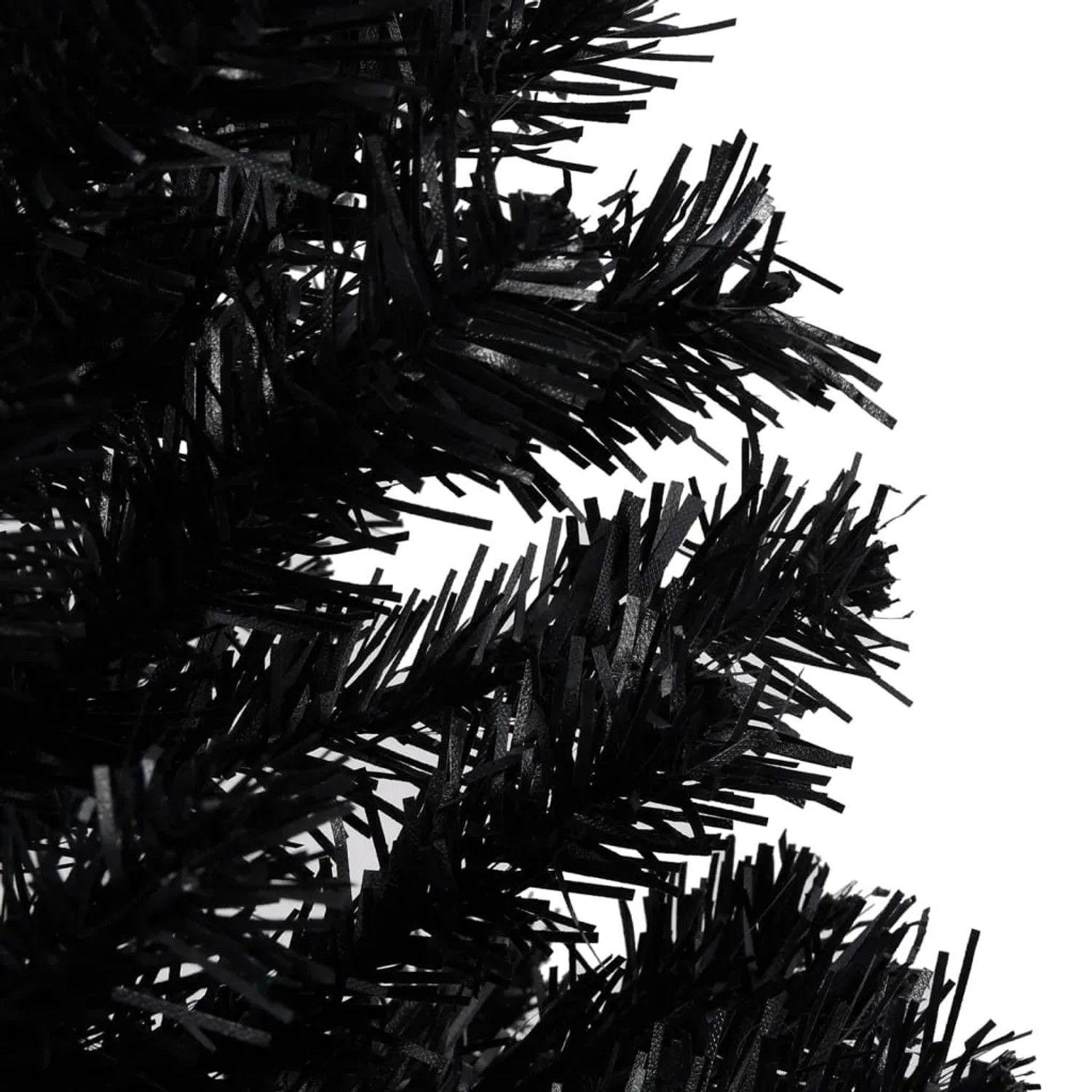 Detailaufnahme: Schwarzer, künstlicher Weihnachtsbaum mit PVC-Nadeln.