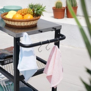Taino Netis Grillwagen schwarz mit Edelstahlplatte, Haken für Handtücher. Rollwagen für Outdoor, Balkon, Garten, Terrasse.
