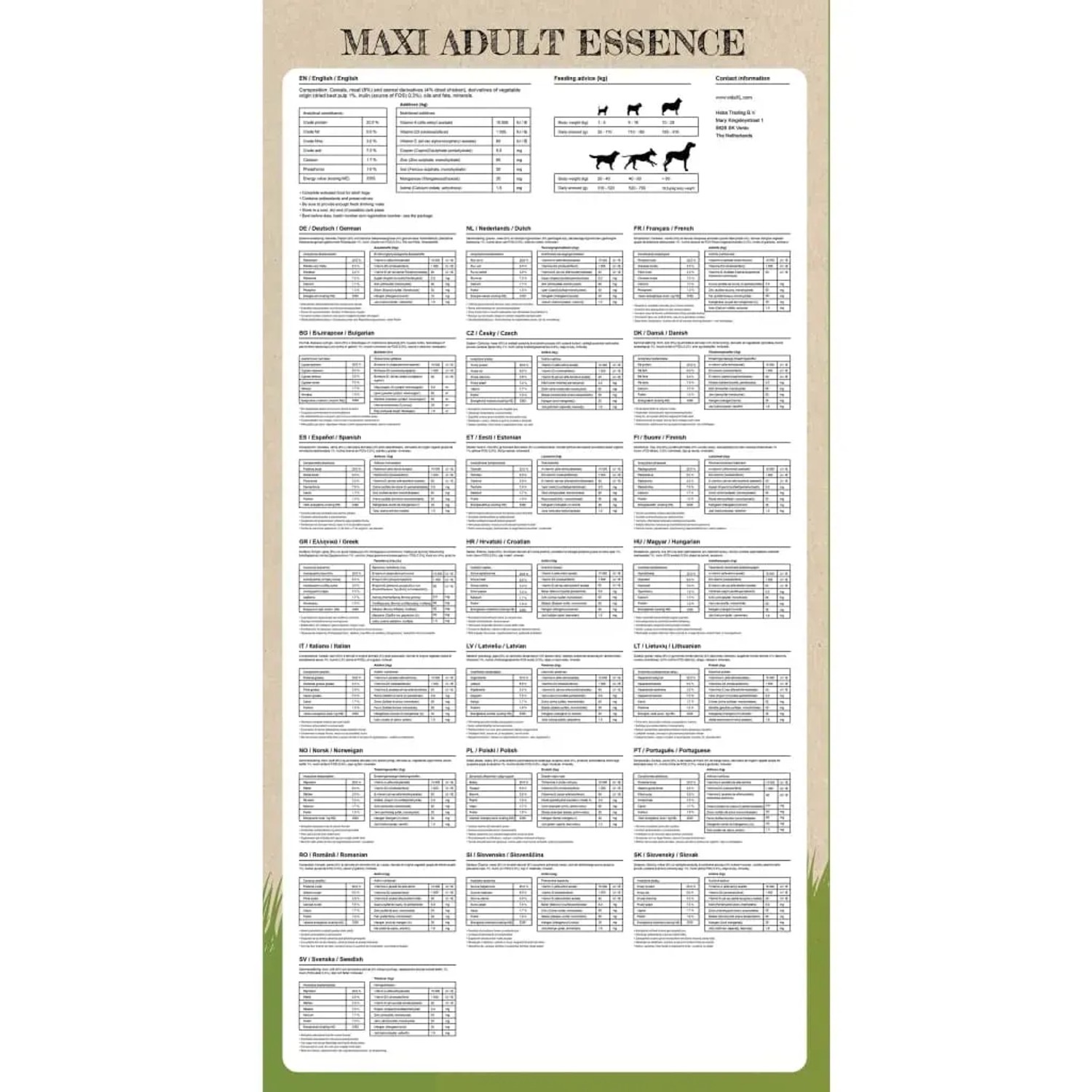 Übersicht der Inhaltsstoffe und Fütterungsempfehlungen für vidaXL Maxi Adult Hundefutter 15 kg.