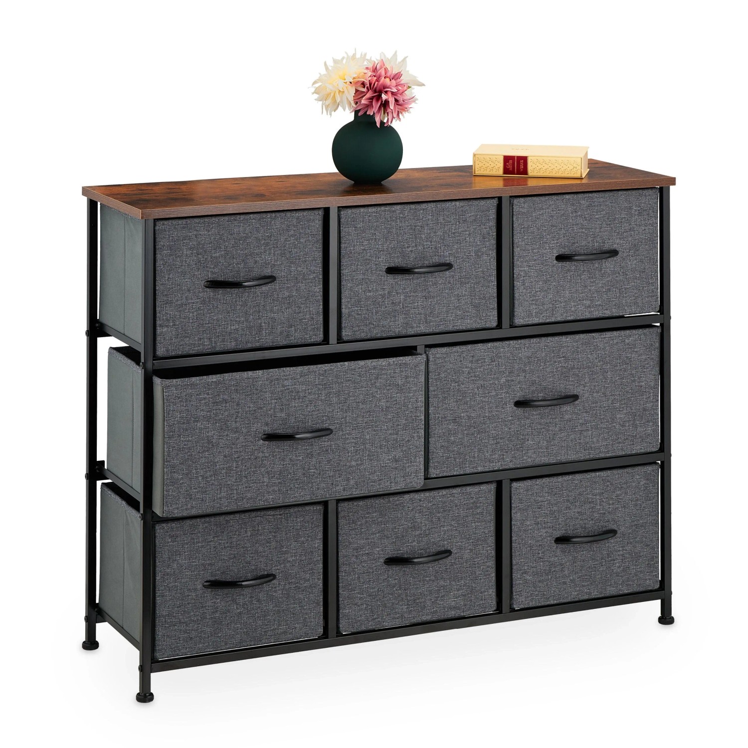 Relaxdays Kommode Polyester Stahl MDF Dunkelgrau Dunkelbraun Schwarz mit 8 Schubladen Höhenverstellbar 78,5 cm x 100 cm x 30 cm 13,3 kg