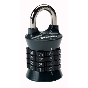 Master Lock Zahlenschloss mit Stahlbügel und Zinkgehäuse in verschiedenen Farben.