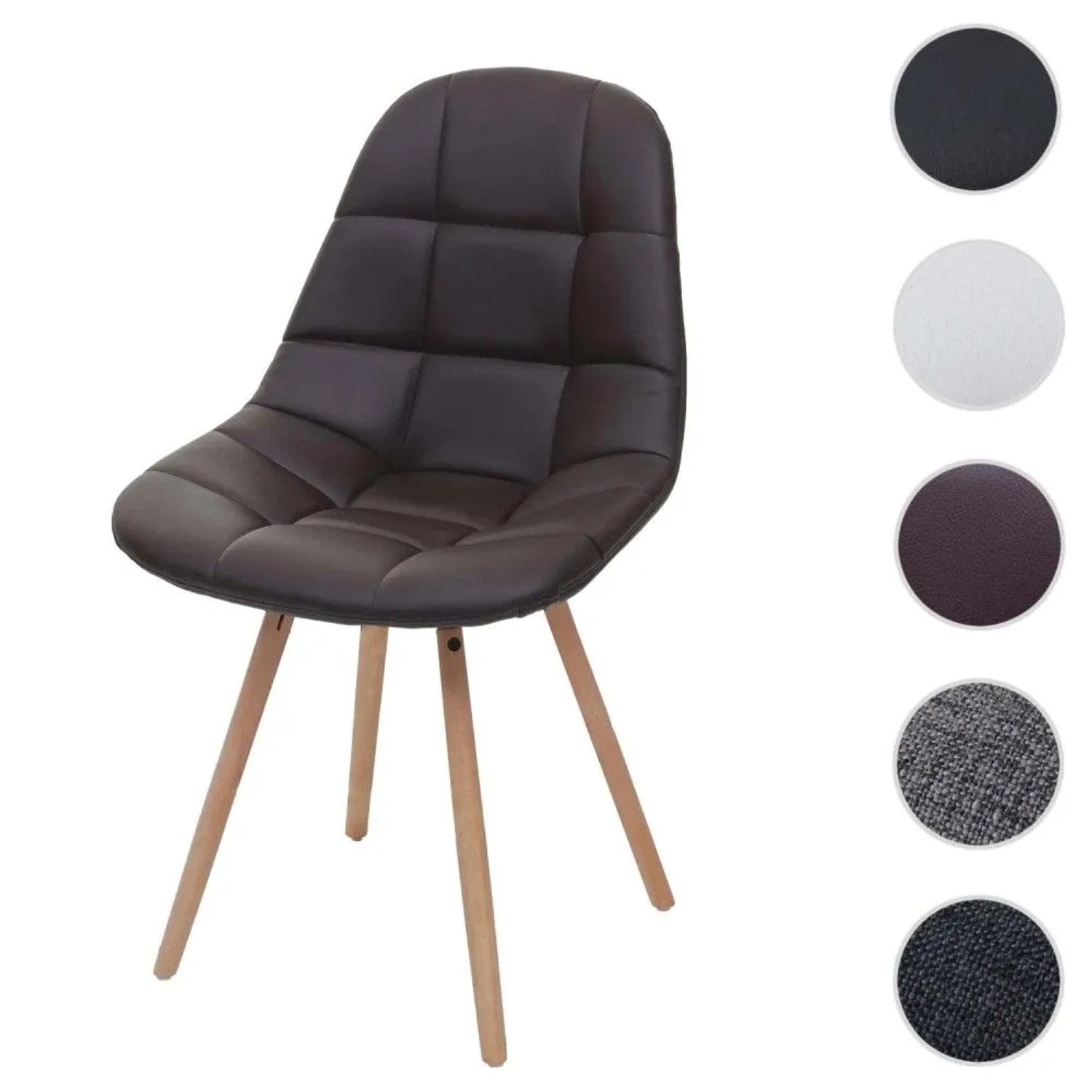 Brauner Esszimmerstuhl aus Kunstleder mit gesteppter Rückenlehne und Sitzfläche, auf hellen Holzbeinen im Retro-Design.