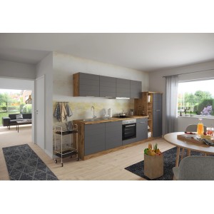 Moderne Held Möbel Küchenzeile 330 cm in Matt Grau-Wotaneiche mit E-Geräten.