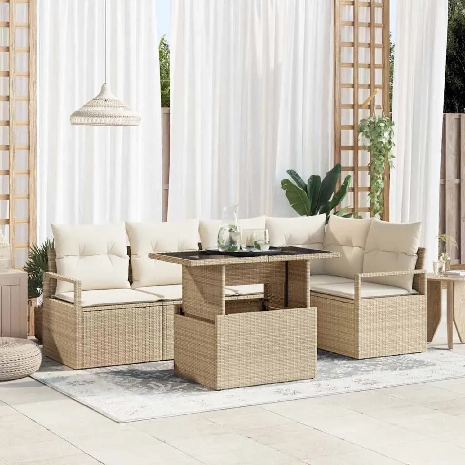 Beiges 6-tlg. vidaXL Garten-Sofa-Set aus Rattan mit Tisch und Auflagen für Terrasse oder Garten.