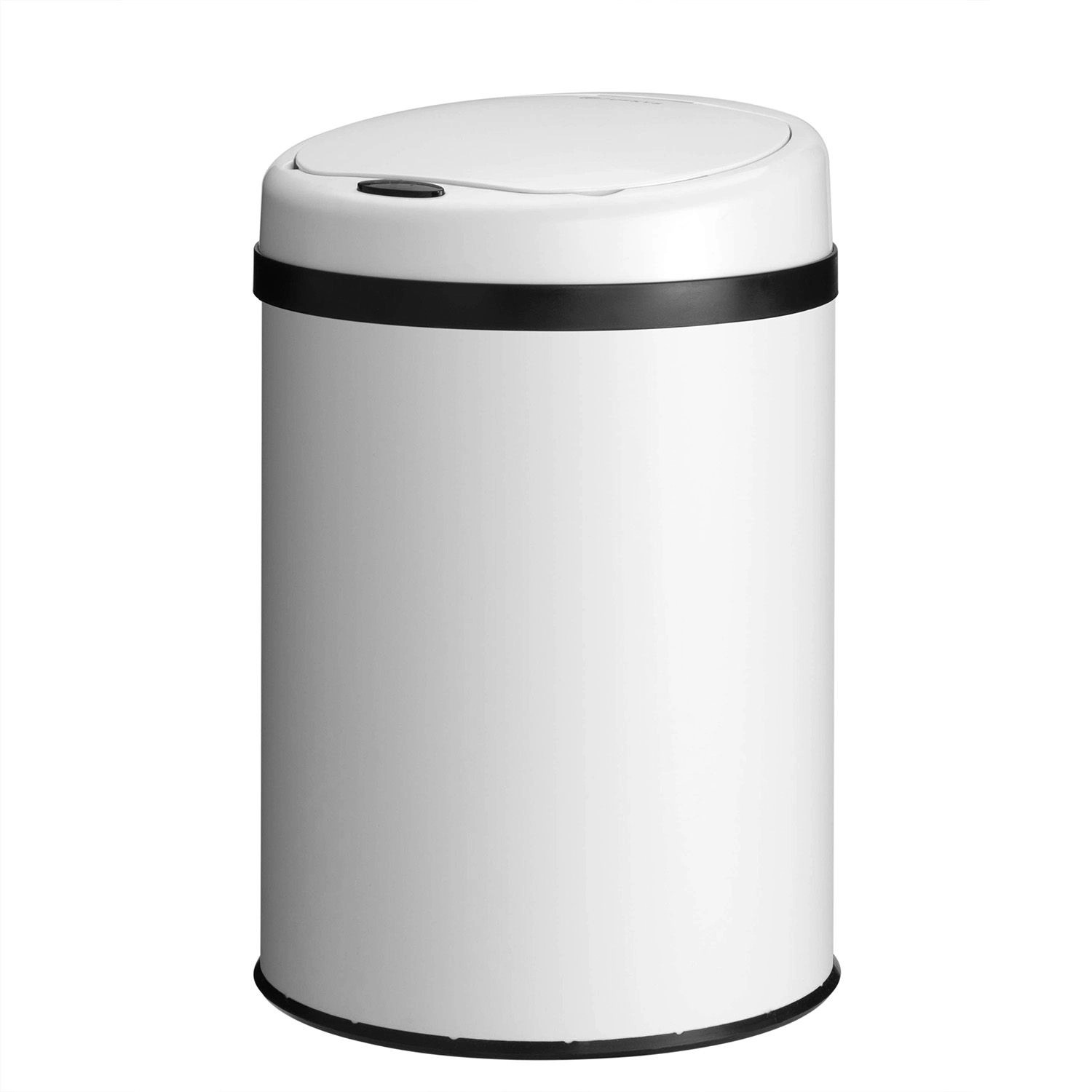 Weißer, runder Juskys Mülleimer mit Sensor, 30L Fassungsvermögen und schwarzem Zierring.