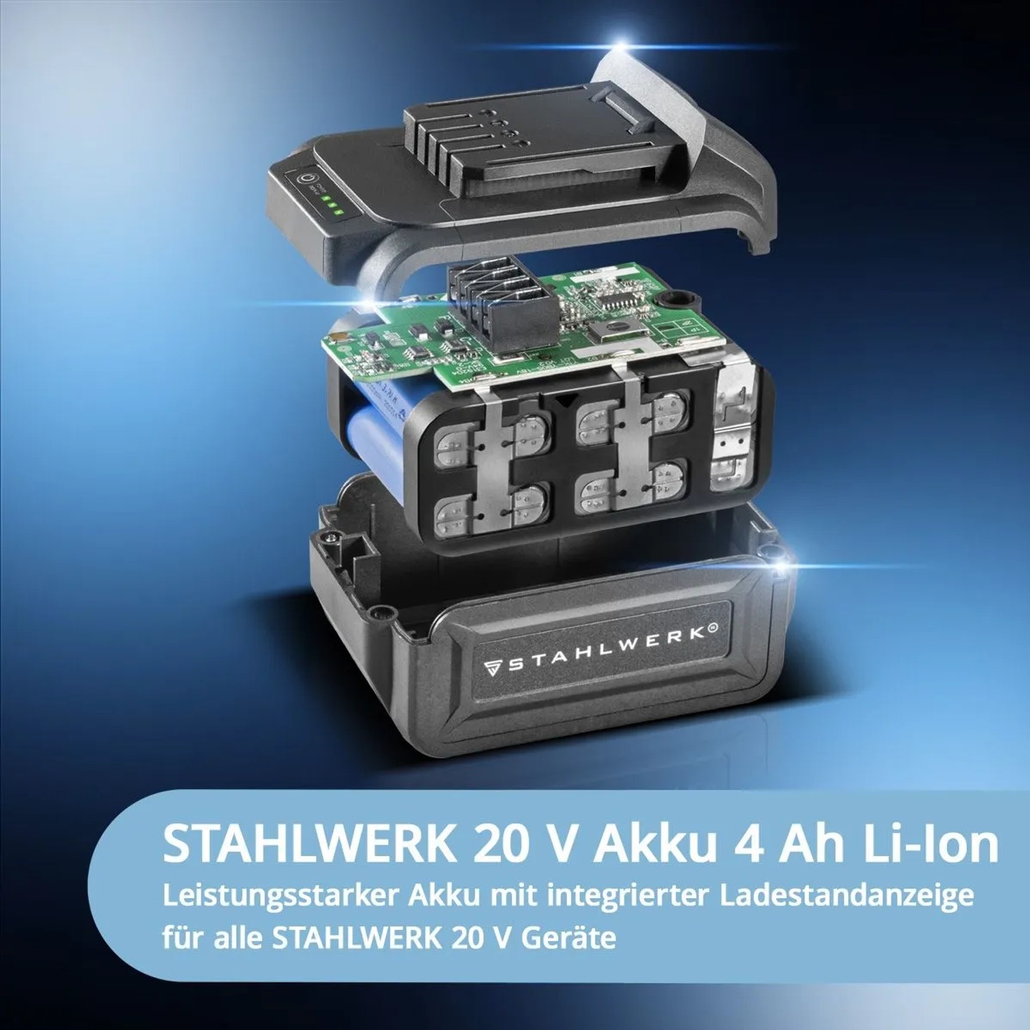 STAHLWERK 20V Akku 4Ah Li-Ion, zerlegt dargestellt. Akku für Werkzeugset.