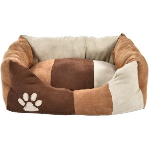 Rechteckiges, braun-weißes Hundebett (75x58x19cm) mit Pfoten-Applikation.