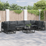 Schwarzes 7-teiliges vidaXL Garten-Sofa-Set aus Aluminium mit Tisch und grauen Kissen.