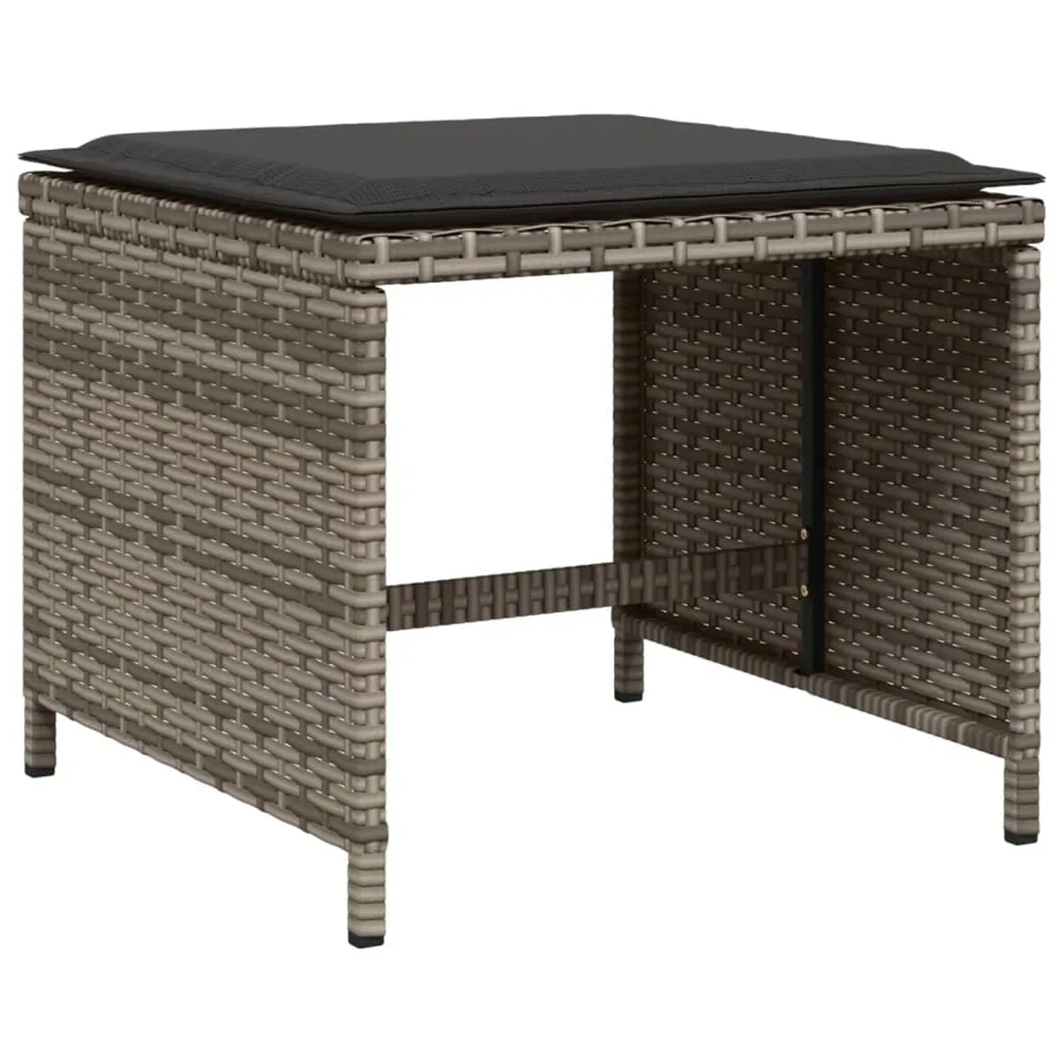 Gartenhocker aus grauem Poly Rattan mit dunklem Kissen, Teil der vidaXL Garten-Essgruppe.