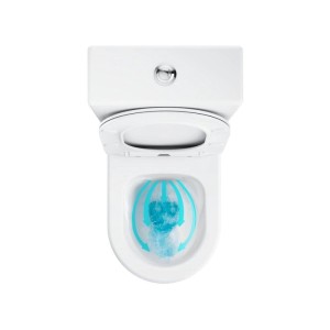 Weißes Ravak Stand-Kombi-WC Optima. Spülrandloses WC mit Spülkasten, blauen Pfeilen für den Spülvorgang.