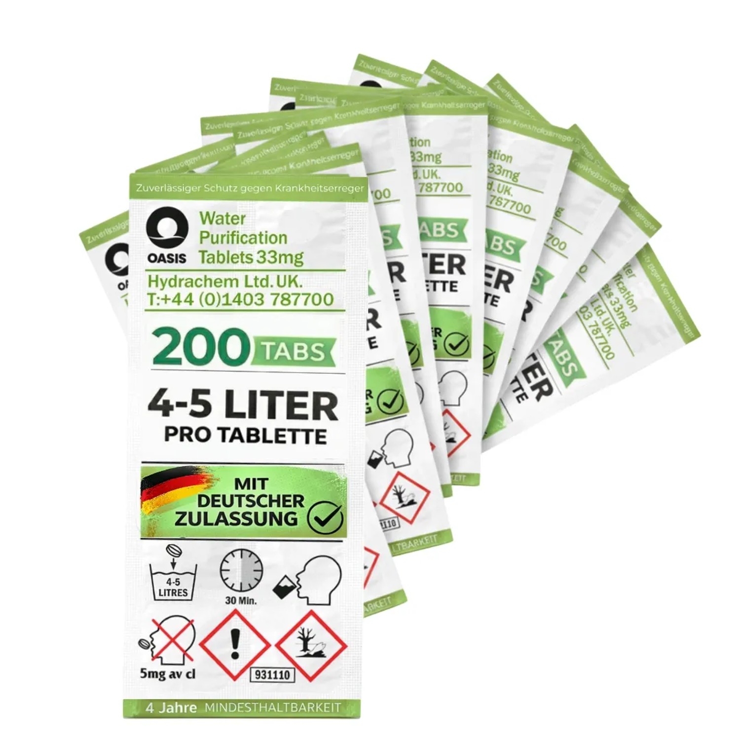 JUNG Oasis Wasseraufbereitung Tabletten 200x5L 33mg GE inkl. 10L Faltbarer Wasserkanister Camping Outdoor Trinkwasser Entkeimung Wasserfilter