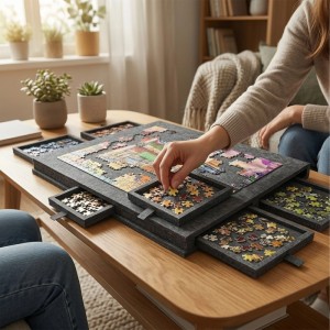 Dunkelgraues Filz Puzzlebrett mit 6 Schubladen auf Holztisch. Person puzzelt, sortiert Teile. Neigbar, rutschfest, für 1000 Teile.