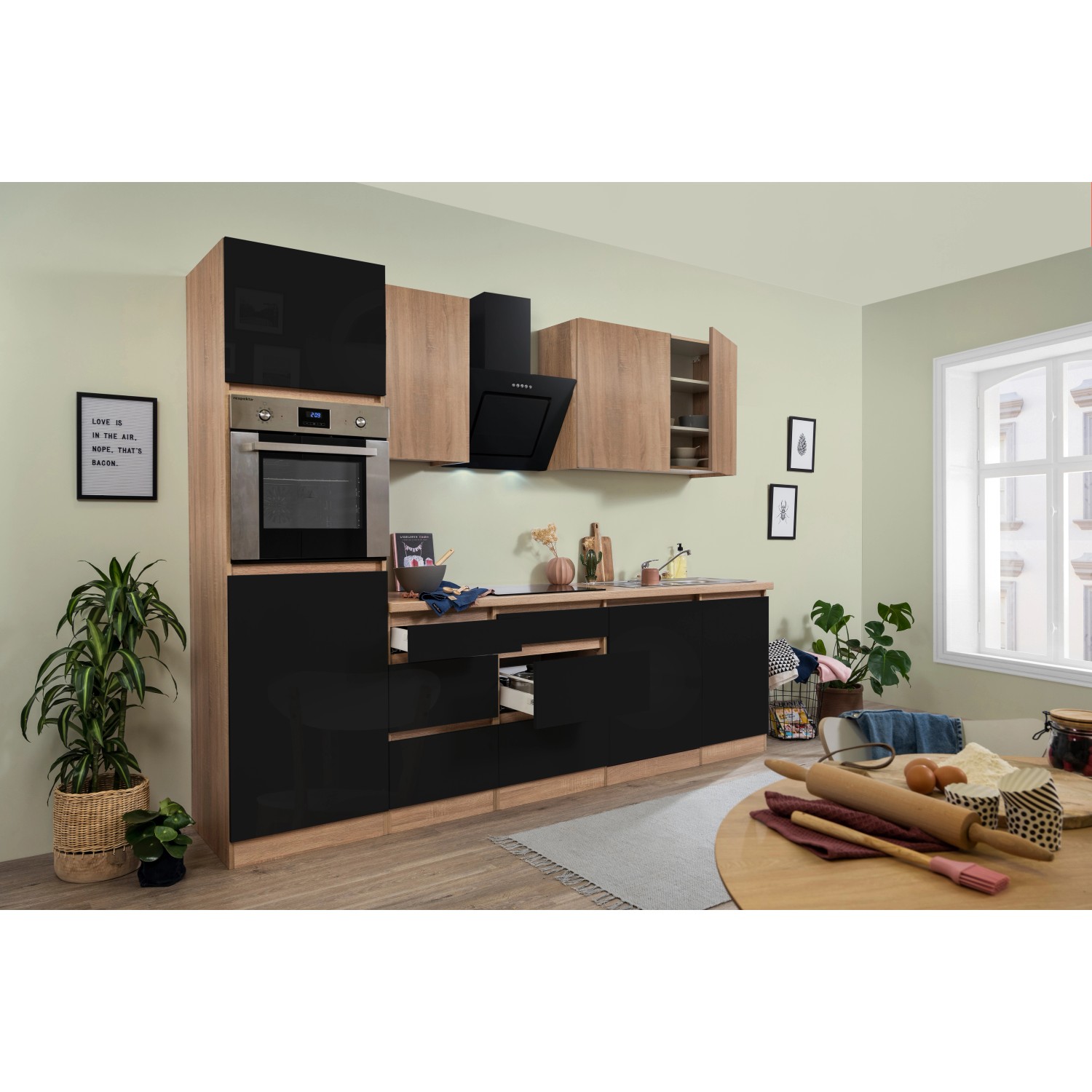 Respekta Premium Küchenzeile/Küchenblock GLRP280HESSOES Grifflos 280 cm Schwarz Eiche NB