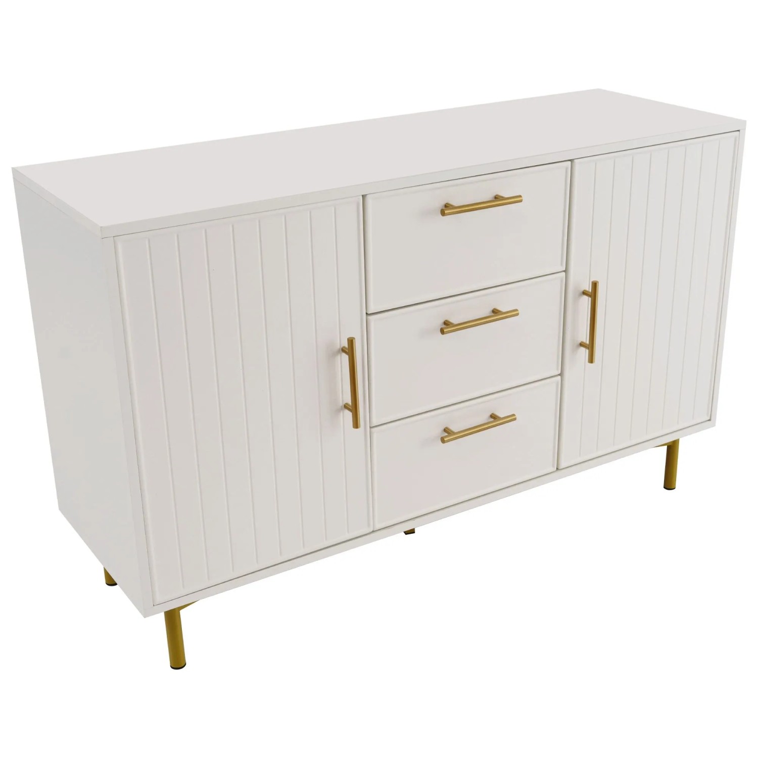 Weiße Kommode mit 3 Schubladen, 2 Türen, geriffelter Front, goldenen Griffen und Metallfüßen. Modernes Wohnzimmermöbel.