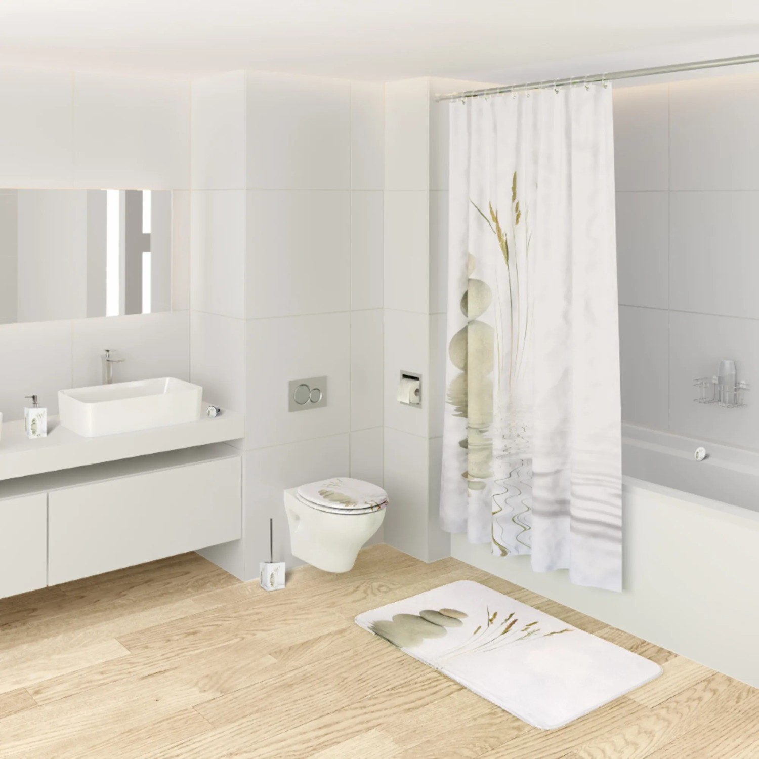 Sanilo Badteppich Balance 70x110 cm im Badezimmer mit Steinmotiv und passendem Duschvorhang.