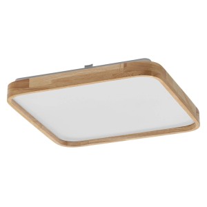 Moderne Osram LED-Deckenleuchte Orbis Alicia mit helzellem Holzrahmen und weißem Diffusor, Click-Dim-Funktion.