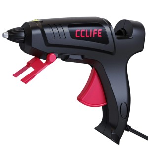 Schwarze CCLIFE Heißklebepistole 70W mit rotem Abzug und klappbarem Ständer für Basteln & Reparaturen.