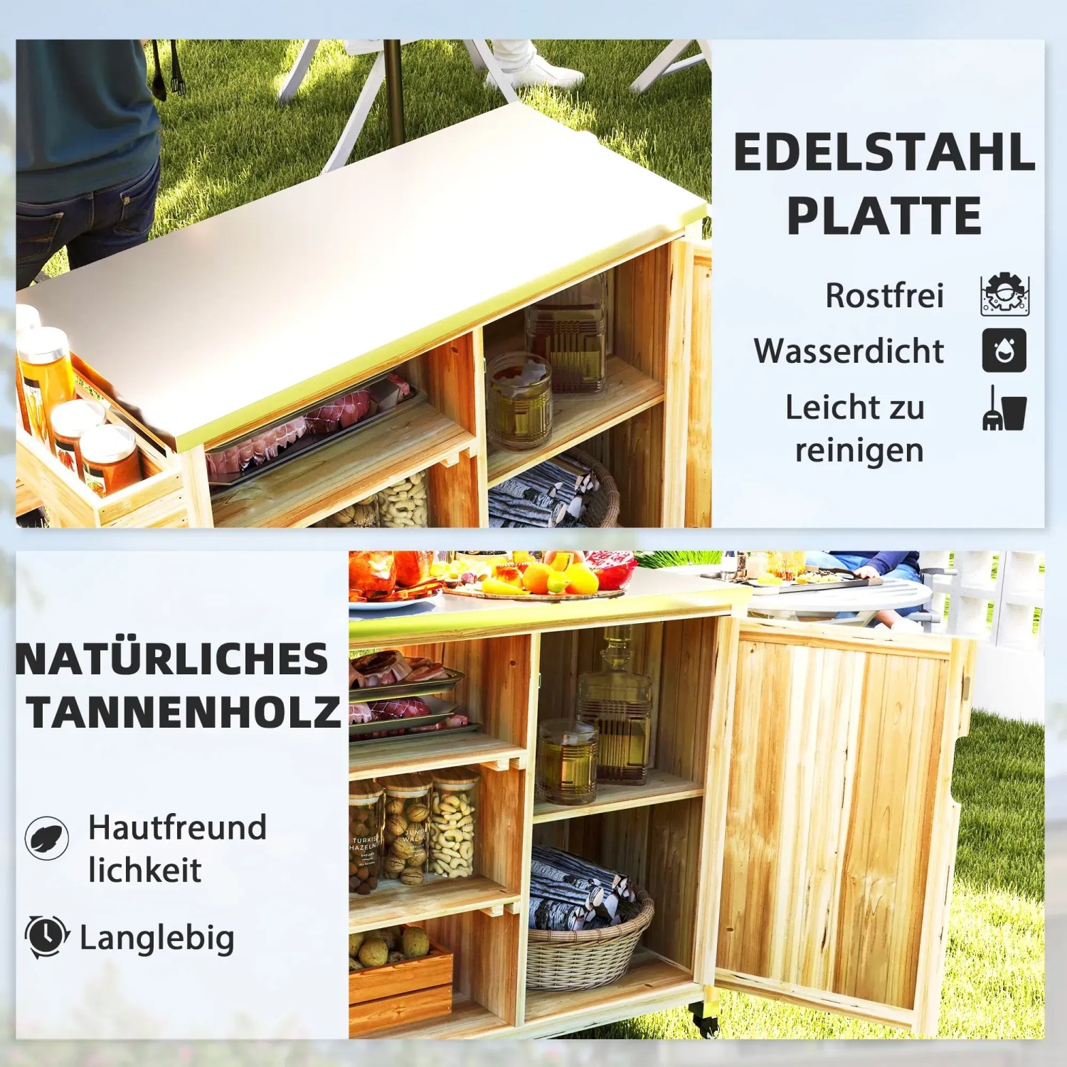 Outsunny Grillwagen aus Stahl und Tannenholz mit Ablageflächen und Schrank.