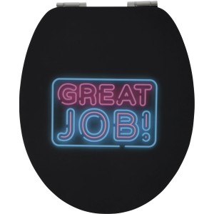 Schwarzer WC-Sitz Soft Touch Great Job mit Absenkautomatik und Neon-Schriftzug.