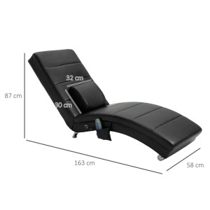 Schwarze Relaxliege mit hoher Rückenlehne, Massagefunktion und Fernbedienung. Moderner Loungesessel aus Kunstleder.