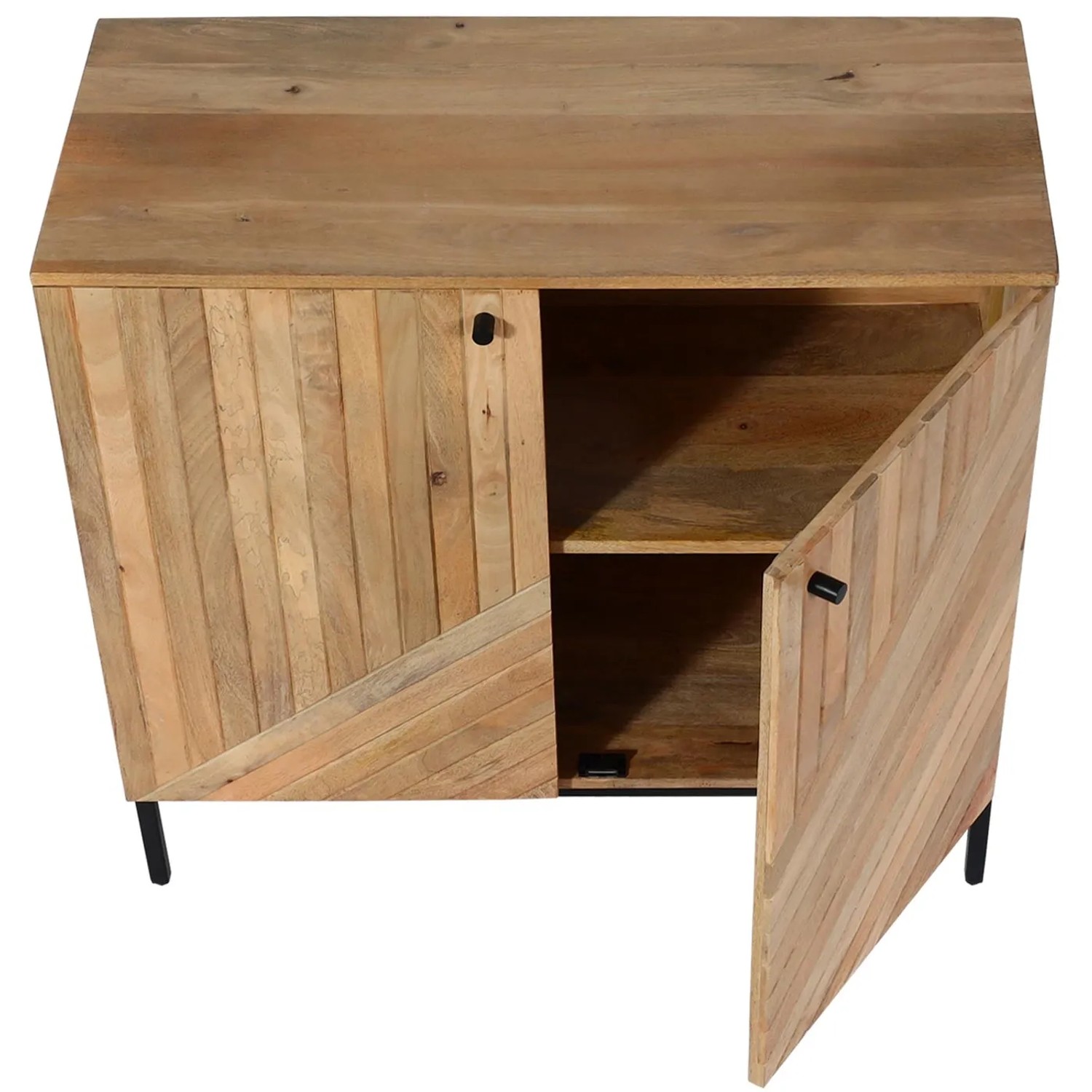 MCW Highboard L95 aus Mangoholz, 86x90x43cm, mit zwei Türen, Regalböden und schwarzen Metallfüßen.