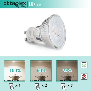 Oktaplex Lux GU10 LED Lampe, 3-Stufen dimmbar, 2700K Warmweiß, für Deckenleuchten.