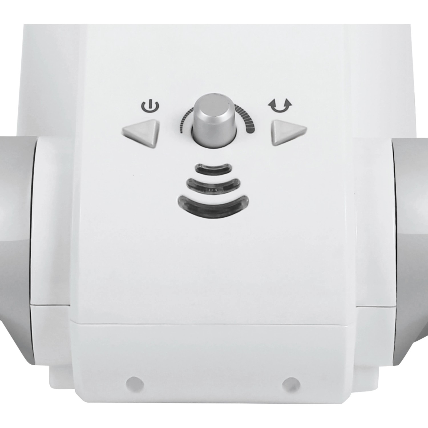 Detailansicht: Bedienelemente des weißen, rotorlosen OBI Bodenventilators.