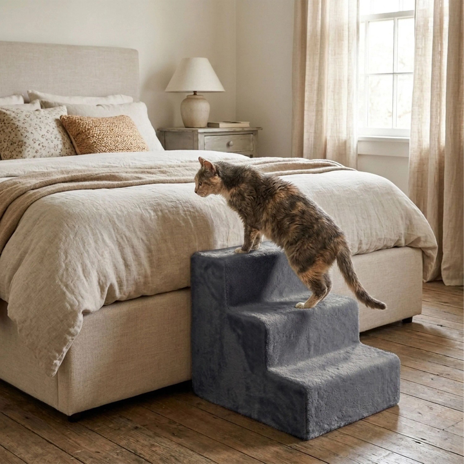 Graue 3-stufige Hundetreppe aus weichem Polyester neben einem Bett. Eine Katze nutzt die Aufstiegshilfe für Haustiere.