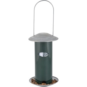 Grünes Esschert Design Vogelfuttersilo aus Metall, 23x12cm, mit Aufhängevorrichtung und Futter.
