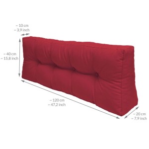 Rotes Beautissu Palettenkissen Rücken, keilförmig, getuftet, 120x40x20 cm. Ideal für Palettenmöbel.