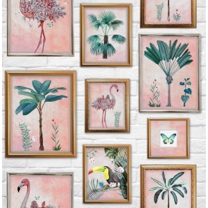 Papiertapete Fresco mit tropischen Rahmen, Motive wie Flamingo, Palme und Tukan auf rosa Hintergrund.