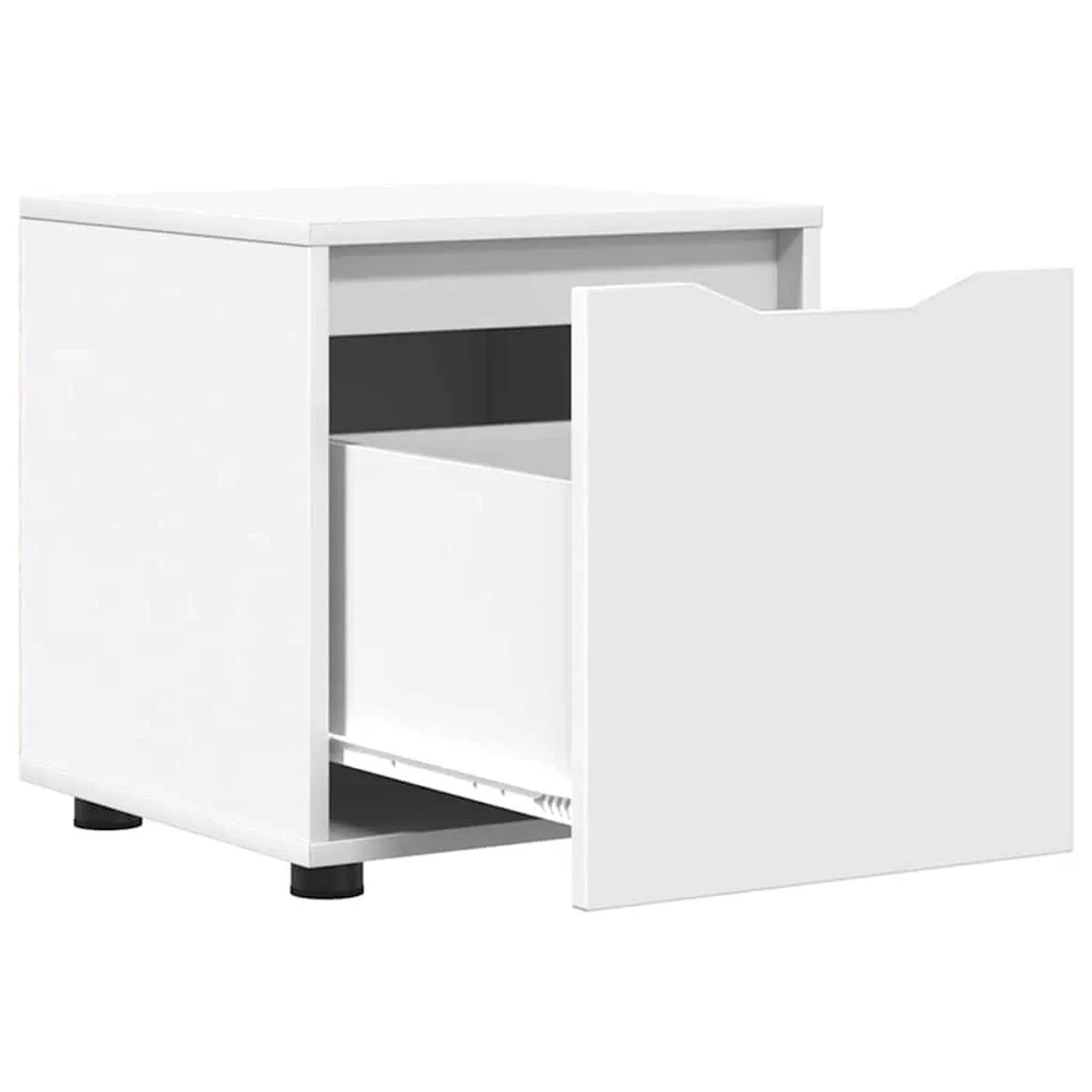 Weißer vidaXL Badezimmerschrank aus Holzwerkstoff mit offener Schublade und Griffmulde, auf schwarzen Füßen.